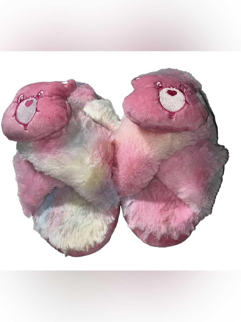 GOOD Care Bears Plush Pink Rainbow Fluffy Slippers Open Toe Size 7-8 Cheer Bear